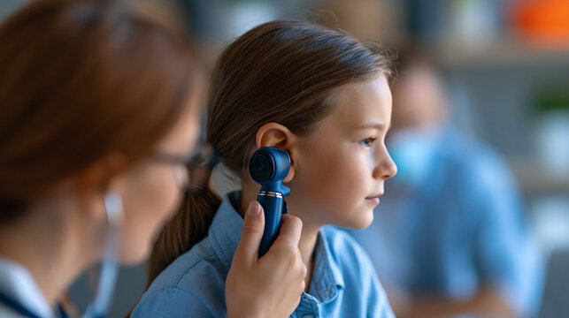 Faceless pediatric ear exam doctor examines child's ear with otoscope, ear examination, otoscope use, ENT care, pediatric checkup, with copy space