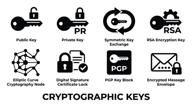 Cryptographic keys and encryption symbols for secure communication, private public and symmetric key exchange and RSA.