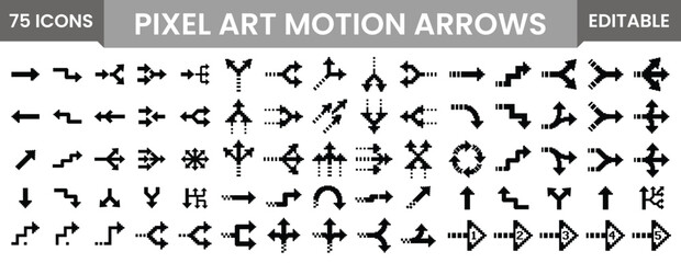 Fototapeta premium Pixel Art Motion Arrow Icons Set 75 Editable Vector Directional Symbols for UI Navigation and Game Design