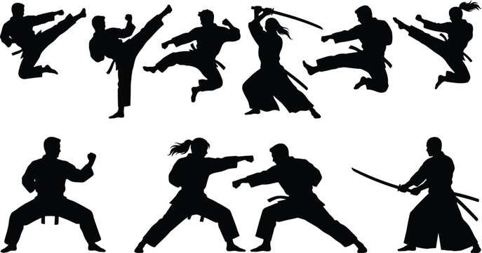 Black silhouettes of martial artists performing karate kicks punches and sword fighting poses with kendo gear and traditional uniforms on a white background
