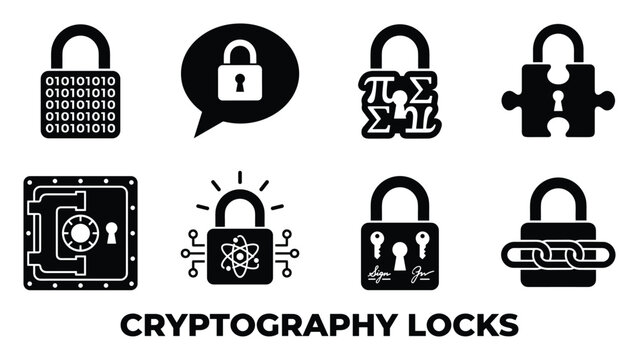 Cryptography locks and security symbols representing digital protection, data encryption and access control for privacy.