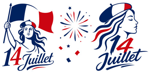 Obraz premium Fête Nationale du 14 Juillet – Profil Marianne au béret tricolore bleu, blanc, rouge, patriotisme festif
