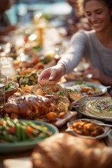 Obraz premium Woman reaching for roasted chicken on served dinner table. Family gathering with homemade food and healthy dishes. Celebration concept for friends eating together at outdoor party.