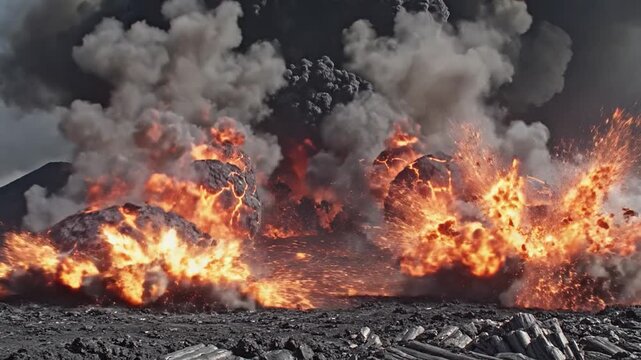 Volcanic Bombs Explode From Fiery Volcano Sending Lava Skyward