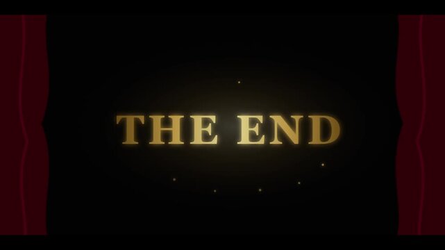 Vintage cinema the end screen with red theater curtains, classic movie finale title card, elegant gold text on black background