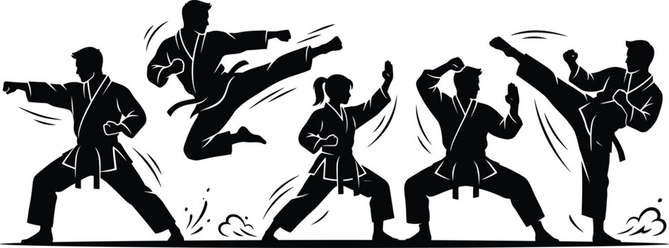 Black and white silhouette of five martial artists performing karate kicks and defensive stances wearing traditional gi uniforms with motion lines and ground dust effects