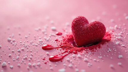 Obraz premium A crimson heart-shaped confection rests gently on a bed of pink powder, its sugary surface glistening, a vibrant red glaze trailing delicately across the scene.