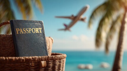 Obraz premium Passport in basket, tropical beach, plane flying over ocean
