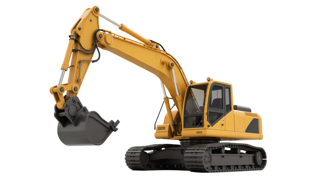Yellow excavator with black bucket and tracks