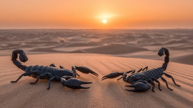 Two scorpions face off on desert dunes at sunset (1)