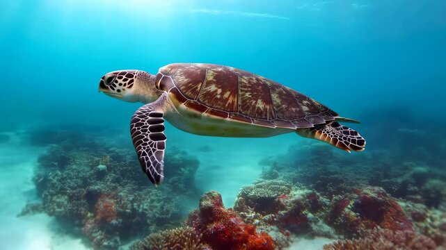 Sea turtle gracefully swimming through vibrant coral reef. Represents marine life conservation and underwater exploration