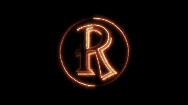 Glowing orange neon letter r illuminated in dark background modern