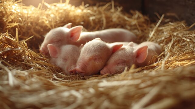 Group of newborn pink piglets sleeping together in dry straw. Baby pigs resting in barn on farmyard. Livestock animal breeding, agriculture and animal husbandry industry concept.