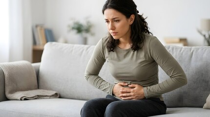 Fototapeta premium Woman with abdominal pain sitting on modern sofa