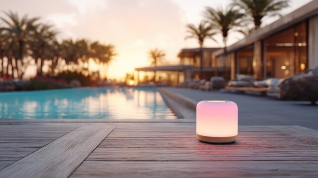 Smart speaker on wooden table near swimming pool at sunset. Portable glowing lamp with integrated audio device. Modern home technology for luxury outdoor relaxation and smart ambient light.