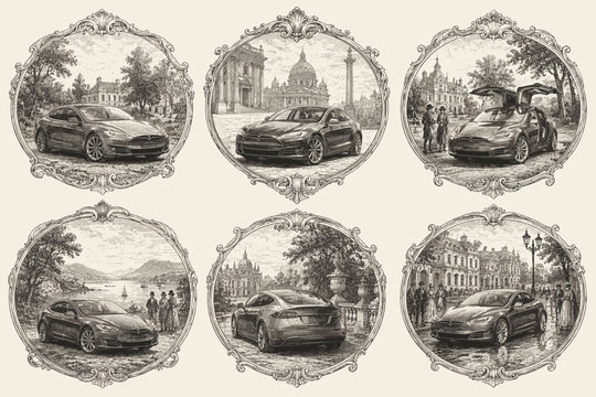 Vintage Luxury Automobile Engraving Collection with Classic Framed Medallions, Scenic Landscapes and Elegant Touring Cars in Monochrome Style

