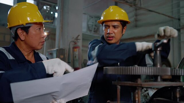 Industrial engineers and maintenance technicians reviewing technical drawings while inspecting heavy machinery in a manufacturing factory. Engineering teamwork, machine maintenance and workplace safet