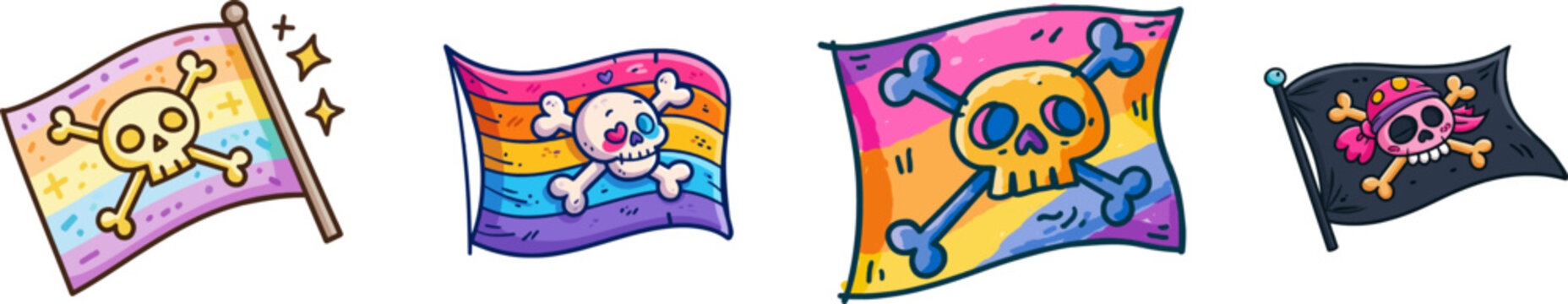 A vibrant pirate flag with a stylized skull and crossbones, adorned in bright colors and bold outlines, stands proudly against a solid white background