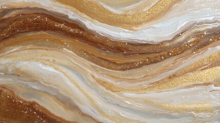 Obraz premium Abstract fluid art with flowing waves of gold and white paint. Elegant marble texture background for luxury design. Decorative ink wash painting with shimmering glitter particles.