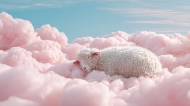 Cute lamb sleeping on soft pink fluffy clouds in blue sky. Surreal dream landscape with animal resting. Peaceful scene for childhood imagination, bedtime inspiration and fantasy art.