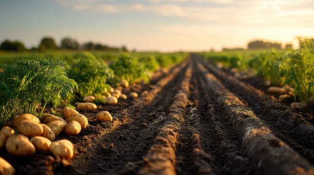 Harvested potatoes lying on soil in a field. Agricultural farming scene with vegetable crop rows under sunlight. Organic food production, countryside rural landscape and garden.