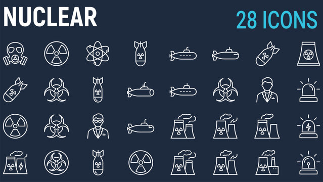Set of white line depicting nuclear energy symbols radiation warning signs atomic bombs submarines power plants gas masks scientists and hazard alerts on a dark blue background