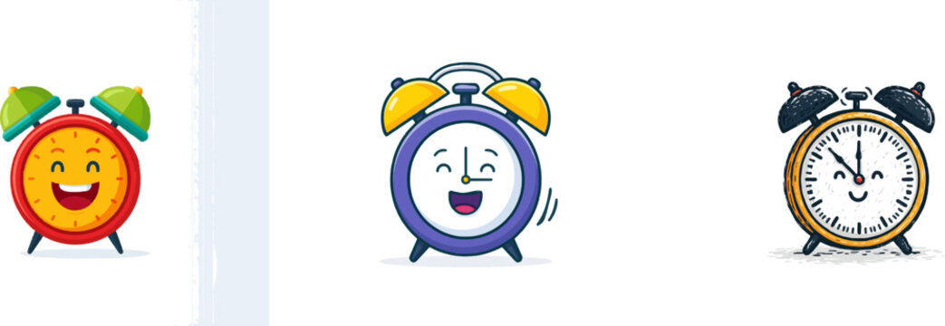 A cheerful, retro alarm clock illustration with big bells and a joyful expression, rendered in bold, clean lines against a solid white background