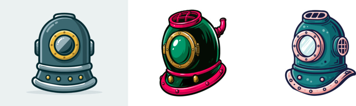 A charming retro diving helmet with a round brass viewport window is depicted in a cute whimsical hand-drawn style on a solid white background for vector tracing purposes