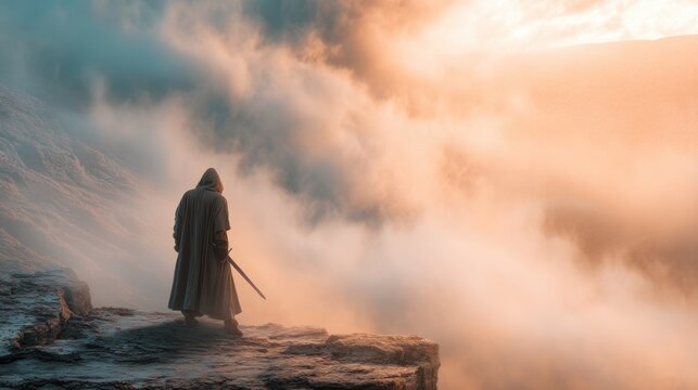 Knight standing on mountain cliff holding sword. Warrior in cloak looking at sunset clouds. Epic fantasy adventure scene, heroic quest concept. Brave hero exploring high altitude wilderness.