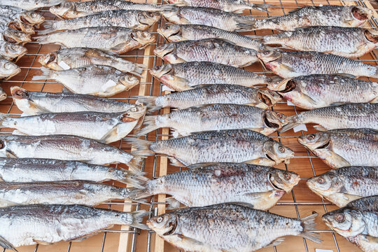Traditional Volga dried fish for sale as gastronomic souvenir, Russia
