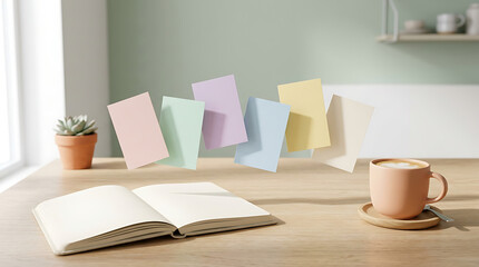 Fototapeta premium Notebook coffee floating task cards isolated on a clean white background