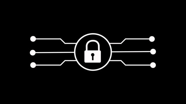 Opening padlock icon with digital circuit board lines animation on black background. Security padlock with lines representing robust digital data protection with alpha channel