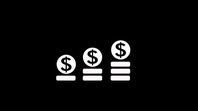 Dollar financial growth with stacked coins animation on black background. Business graph and dollar sign animation. Upward indicating financial growth, profit increase, rising investment value against
