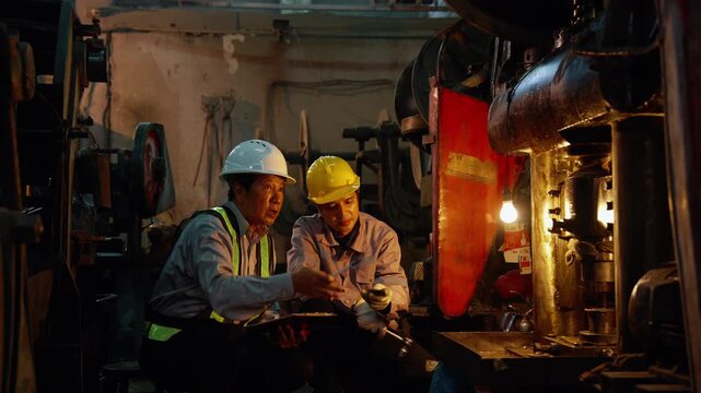 Engineers and technicians conducting preventive maintenance and machine inspection inside an industrial factory. Workplace safety, mechanical engineering and manufacturing operations concept.
