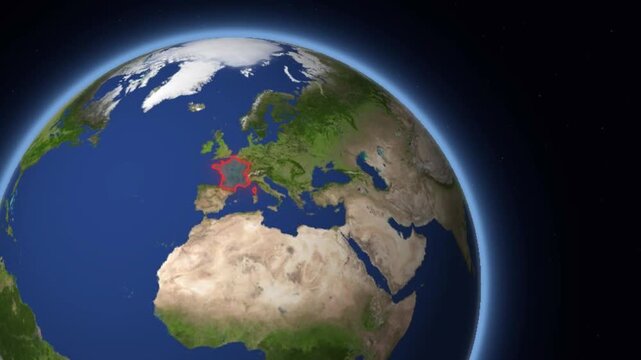 Animated globe zooming to highlight France with national flag and country data infographic