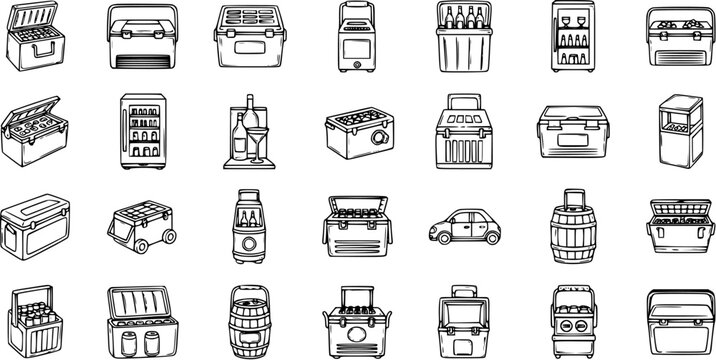 Black and White Line Art Icon Set: Portable Coolers, Refrigerators, and Ice Chests for Food  Drink, Travel  Outdoor Activities.