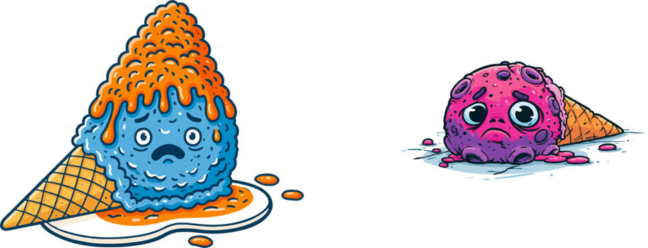 A charmingly sad ice cream scoop with vibrant orange and blue hues, isolated on a white background, exudes whimsical charm despite its misfortune