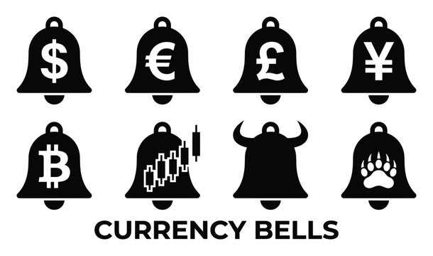 Currency bells solid icons for dollar euro pound yen bitcoin trading bull bear paw print symbol.