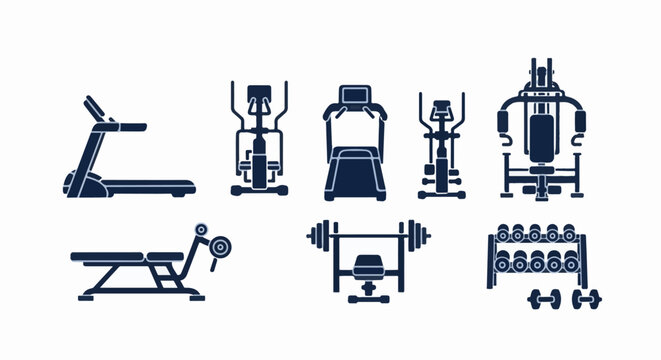 Diverse fitness machines, weights, and bench on white background