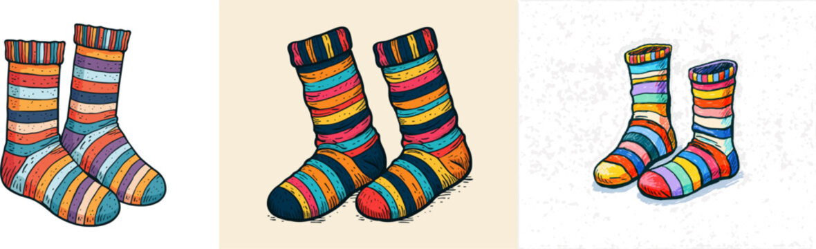 A pair of vibrant, whimsical socks with bold stripes in bright colors is depicted against a clean white background, showcasing a playful and cheerful design