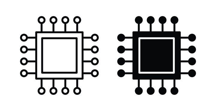 Computer microchip icon clipart and thin stroke versions pack
