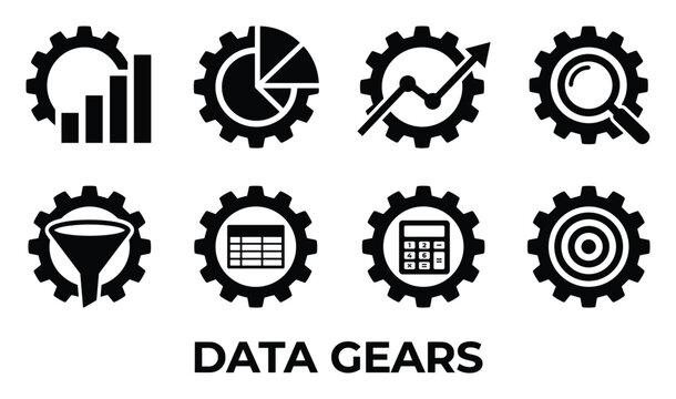 Data gears icons set with chart pie chart graph magnifying glass funnel spreadsheet calculator target symbols.