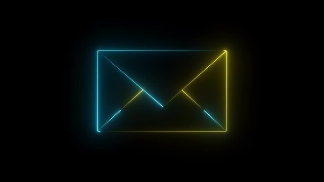 Neon blue and yellow color massage icon animation on black background.  4k videon.