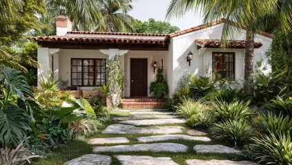 Fototapeta premium Lush tropical foliage surrounds a charming, sun-drenched white stucco home
