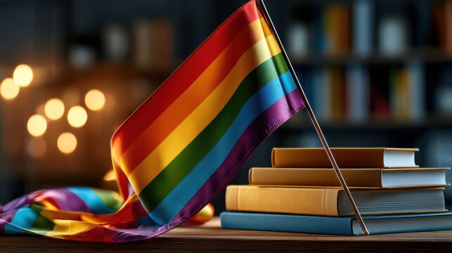 Rainbow pride flag displayed next to inclusive sexual education books, symbolizing diversity, acceptance, and awareness in educational and social contexts.