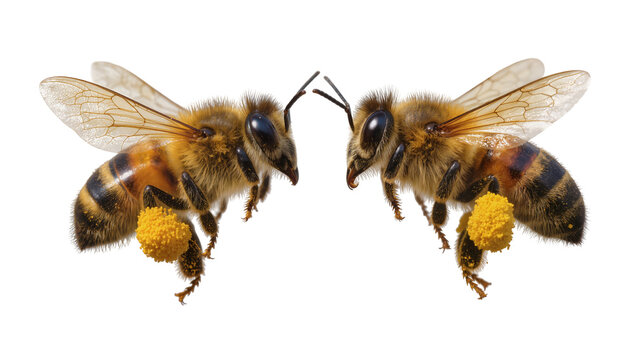 Two honey bees with pollen baskets full of yellow pollen