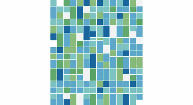 Tessellated pattern of blue and green rectangles and squares on a white background