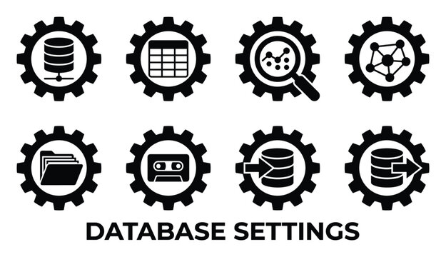 Database settings icons representing data management and system configuration with gears.