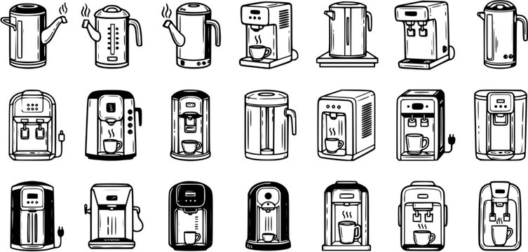 Black and White Line Art Icons of Coffee Makers and Kettles for Kitchen and Technology