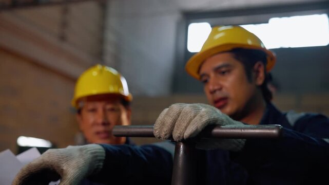 Industrial technician operating and adjusting heavy mechanical equipment during machine setup and maintenance in a manufacturing facility.
